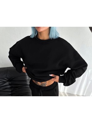 Kışlık Bisiklet Yaka Üç Iplik Basic Sweatshirt - Siyah
