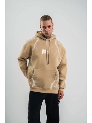 Double Oversize Kapşonlu Şimşek Pano Baskılı Sweatshirt - Bej