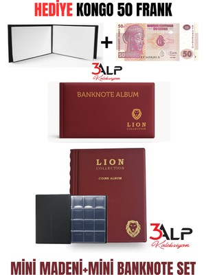 3Alp Koleksiyon Lion Cep Albümü Seti-Madeni ve  Kağıt Para  Cep Albümü 2 Li, Bordo Renk