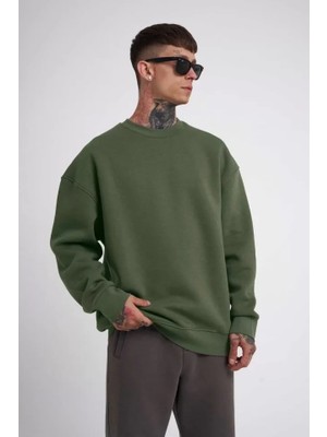 Unisex Biskilet Yaka Üç Iplik Sweatshirt - Haki