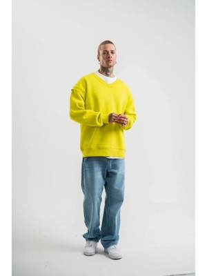 Geniş V Yaka Kol Ribana Detaylı Sweatshirt - Sarı