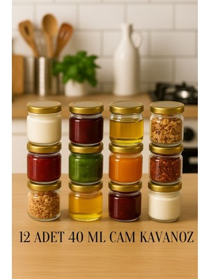 12 Adet 40 ml Metal Kapaklı  Şeffaf Numune Mama Ek Gıda Şekerleme Reçellik Küçük Cam Kavanoz