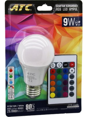 ATC-RGB-9W  Kumandalı   9W=60W  Rgb=16-Renkli LED Ampul E27 800 Lümen 6500K 25.000 Saat Ömür (5224)