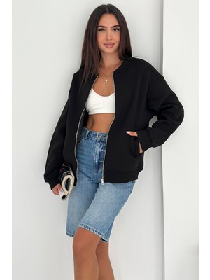 Kadın Fermuarlı Oversize Kolej Hoodie – Sardonlu & Kapüşonlu
