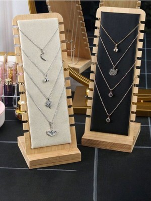 Şık Ahşap Takı Düzenleyici, Kolye ve Bileklik Standı, Siyah-Krem Renkli