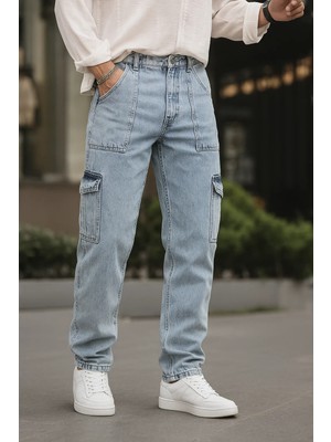 Erkek Bol Paça Kargo Cepli Buz Mavi Kot Pantolon