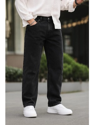 Erkek Jeans Bol Paça Siyah Baggy Kot Pantolon