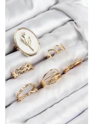 Pirinç Zirkon Taşlı Lale Model Gold Renk Kadın Yüzük Kombin Set