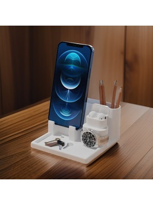 Beyaz Çok Amaçlı Masa Organizeri, Telefon, Saat, Anahtar, Kalem Düzenleyici