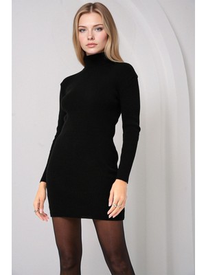 Hiccup Kadın BDART Fitilli Yüksek Yakalı Mini Triko Elbise Siyah