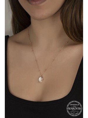  Crystal Taşlı Ros Top Oval 925 Ayar Gümüş Kolye