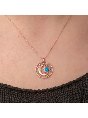 Rose Opal Beyaz Taşlı Ay Yıldız 925 Ayar Gümüş Kadın Kolye