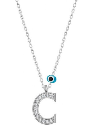 C Harfi Nazarlı 925 Ayar Gümüş Kadın Kolye