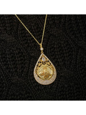 Gold Tuğralı Zirkon Taşlı 925 Ayar Gümüş Kadın Kolye
