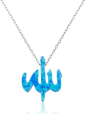Opal Taşlı Allah Muhammet Yazılı 925 Ayar Gümüş Kolye