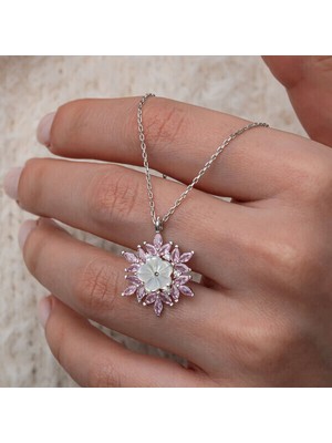 Pembe Zirkon Taşlı Çiçek 925 Ayar Gümüş Kadın Kolye