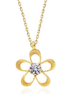 Gold Çiçek  Zirkon Taşlı 925 Ayar Gümüş Kadın Kolye