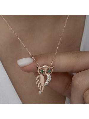 Rose Yeşil Gözlü Baykuş Zirkon Taşlı  925 Ayar Gümüş Kadın Kolye