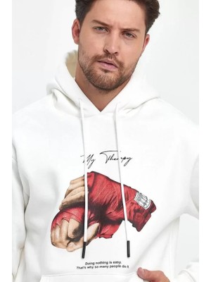 Unisex Kapüşonlu Üç Iplik Oversize Baskılı Sweatshirt - Beyaz
