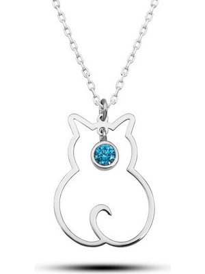 Aralık Ayı Dogum Taşı Kedi 925 Ayar Gümş Kadın Kolye