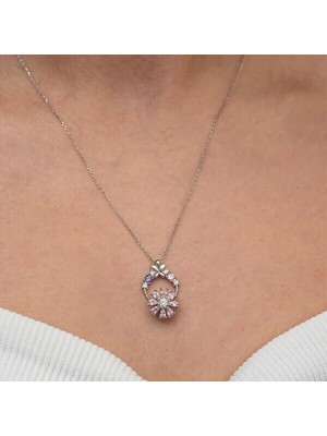 Pembe Dönen Zirkon Taşlı Çiçek 925 Ayar Gümüş Kadın Kolye