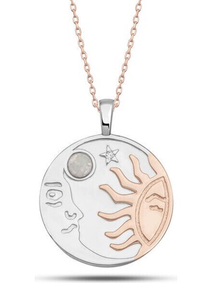 Rose Opal Beyaz Taşlı Ay Yıldız 925 Ayar Gümüş Kadın Kolye