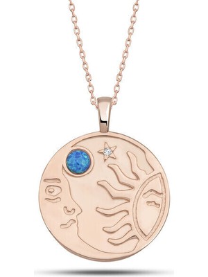 Rose Opal Mavi Taşlı Ay Yıldız 925 Ayar Gümüş Kadın Kolye