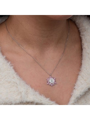 Pembe Zirkon Taşlı Lotus Çiçek 925 Ayar Gümüş Kadın Kolye