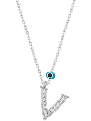 V Harfi Nazarlı 925 Ayar Gümüş Kadın Kolye