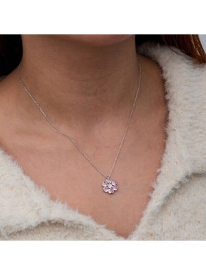 Pembe Zirkon Taşlı Çiçek 925 Ayar Gümüş Kadın Kolye