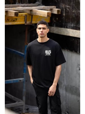 Unisex Bisiklet Yaka Baskılı Oversize T-Shirt - Siyah