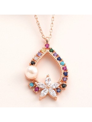Rose Zirkon Taşlı Çiçek 925 Ayar Gümüş Kadın Kolye