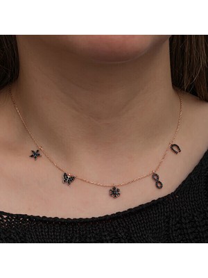 Rose Siyah Taşlı 925 Ayar Gümüş Kadın Kolye