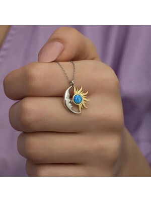 Opal Beyaz Taşlı Ay Güneş 925 Ayar Gümüş Kadın Kolye