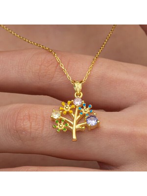 Gold Hayatağacı  Zirkon Taşlı 925 Ayar Gümüş Kadın Kolye