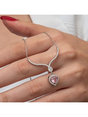 Pembe Taşlı Kalp Zirkon Taşlı 925 Ayar Gümüş Kadın Kolye