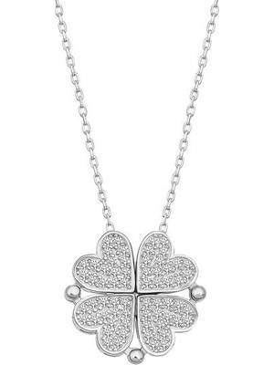 Beyaz Taşlı Açılabilen Yonca 925 Ayar Gümüş Kadın Kolye