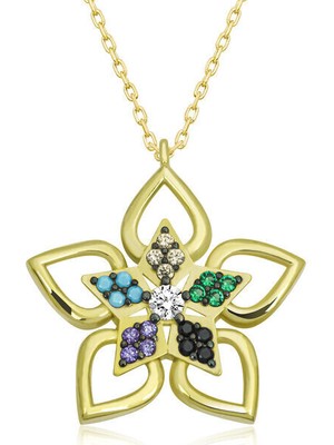 Gold Çiçek Renkli Zirkon Taşlı 925 Ayar Gümüş Kadın Kolye