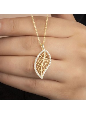 Gold Yaprak  Zirkon Taşlı 925 Ayar Gümüş Kadın Kolye