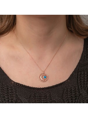 Rose Opal Mavi Taşlı Ay Yıldız 925 Ayar Gümüş Kadın Kolye