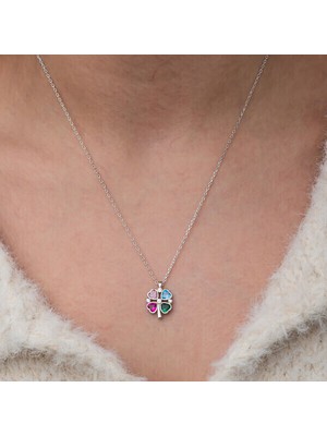 Renkli Taşlı Kalp Figürlü Yonca 925 Ayar Gümüş Kadın Kolye