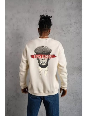 Unisex Bisiklet Yaka Baskılı Oversize Sweatshirt - Beyaz