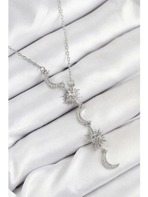 316L Çelik Zirkon Taşlı Güneş ve Ay Model Gümüş Renk Kadın Kolye