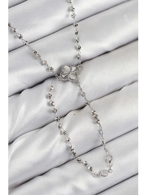 Pirinç Zirkon Taşlı Yonca Model Gümüş Renk Kadın Y Kolye