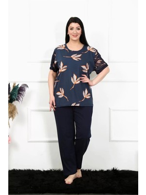 Kadın 5xl-6xl-7xl-8xl Büyük Beden Kısa Kol Pijama Takım Lacivert