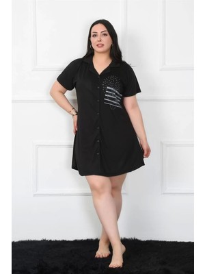 Büyük Beden Penye Düğmeli Siyah Tunik Gecelik