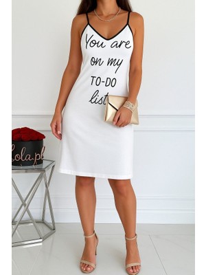 Arben Boutique Kadın Kolsuz Askılı Sırt Çapraz Detay To Do List Baskı Süprem Gecelik Elbise