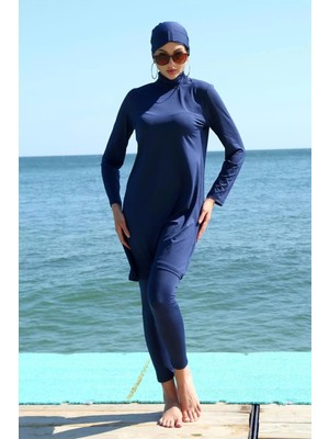 Uzun Kol Likralı Lacivert Tesettür Mayo