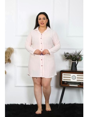 Kadın Büyük Beden Keten Düğmeli Uzun Kol Pembe Tunik Gecelik