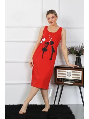 Kadın Kalın Askılı Penye Uzun Kırmızı Gecelik